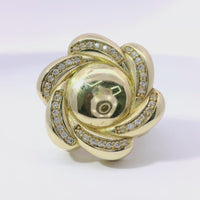 14KT Gold Ring Women's Jumbo Six Petal Pinwheel Flower Plain Center White CZ Stones on Petals with Triple Row White CZ Stones on Edge with Plain Band