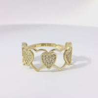 14KT Gold Ring Women's Alternating Open Heart Outline and Mini White CZ Stones Heart Cluster Band