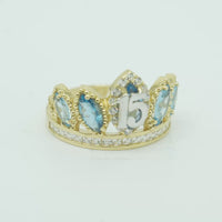 14KT Gold Ring Women's "15" Quinceanera Crown Turquoise CZ Stones with White Square CZ Stones Band Plain Shank