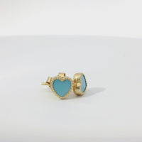 14KT Gold Earrings Extra Small Aqua Blue Heart with Dotted Border with Push Back Post and Butterfly Backs