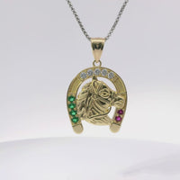 14KT Gold Charm Large Horsehead Center with Red, White, and Green CZ Stones Horseshoe Border and Plain Bell