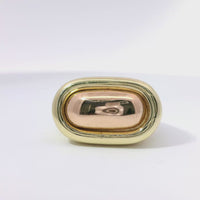 14KT Gold Ring Women's Two Tone Plain Bubble Oval with Puff Border and White CZ Stone Edge Plain Band