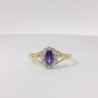 14KT Gold Ring Women's Mini Oval Purple Center CZ Stone with Round White CZ Stones Border and Plain Split Band