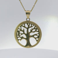 14KT Gold Charm Large Open Round Tree of Life with Currency Edge Border and Plain Bell