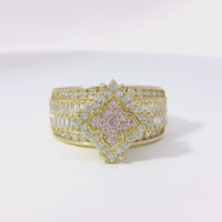 14KT Gold Ring Women's Eight Prong Square Light Pink Clover Cluster CZ Stones with Plain Outline and White CZ Stones Border and Double Row Baguette Band Center with Round White CZ Borders