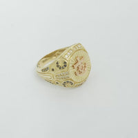 14KT Gold Ring Men's Square Two Tone Anchor/ Round Plain Border with White CZ Stones Border White CZ Stone on Each Corner and U-Shaped White CZ Stones Two Tone Band Border