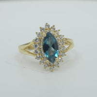 14KT Gold Ring Women's Marquise Turquoise Center CZ with Round Double CZ Border Plain Split Band