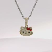 14KT Gold Charm Mini White CZ Stones Hello Kitty Head with Black Eyes and Nose, Two Red Enamel Hearts as Bow, and White CZ Stones Bell