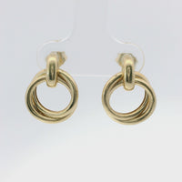 14KT Gold Earrings Medium Round Two Strand Open Center Dangling Interlocking Plain Rings with Plain Bar, Push Back Post, and Butterfly Backs