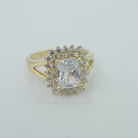 14KT Gold Ring Women's White Rectangle Center CZ Stone Double White Round CZ Stones Border Plain Split Band