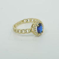 14KT Gold Ring Women's Oval Navy Blue Center Stone with White CZ Stone Border Chino Band