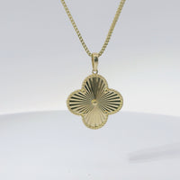 14KT Gold Charm Large Sunray Clover with Beaded Border and Center and Plain Bell