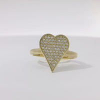 14KT Gold Ring Women's White CZ Stones Tall Heart with Plain Border and Band