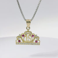 14KT Gold Charm Jumbo Quincenaera "15" Center Open Heart Tiara with Dark Pink and White CZ Stones Top and Round White CZ Stones Band and Plain Bell