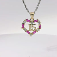 14KT Gold Charm Medium Quinceanera Open Heart with Dark Pink Baguette and White Round CZ Stones Outline with Plain Bell