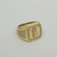 14KT Gold Ring Men's Square Two Tone St. Jude with Sunray Background White CZ Border and Five Rows of White CZ Stones on Each Side of the Ring