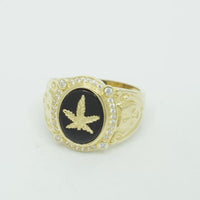 14KT Gold Ring Men's Oval Marijuana Leaf/Onyx with White CZ Stones Side Design Cross on Shield