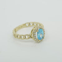14KT Gold Ring Women's Oval Light Blue Center Stone with White CZ Stone Border Chino Band