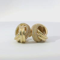 14KT Gold Earrings Medium Two Strand Round White CZ Stones Knot with Push Back Post and Butterfly Backs