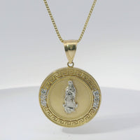 14KT Gold Charm Large Round Greek Two Tone Virgin Mary Coin with Six White CZ Stones Border and Plain Bell