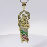 14KT Gold Charm Large St Jude with Red, Green, and White Round CZ Stones Robe with White CZ Stones Halo and Plain Bell