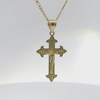 14KT Gold Charm Small Two Tone Stripe Center Dagger Flare Ends Crucifix Cross with Plain Bell