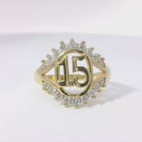 14KT Gold Ring Women's Quincenaera "15" Oval Center with Nine Upper and Lower White CZ Stones and Plain Split Band
