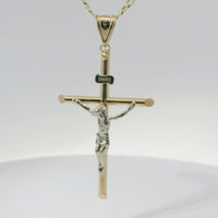 14KT Gold Charm Extra Large Two Tone Hollow Tube Slant Ends Crucifix Cross with Plain Bell