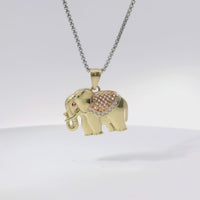 14KT Gold Charm Medium Tri Tone Elephant with Pink Eye and Rose Gold Pointed Blanket Plain Bell