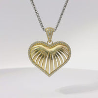 14KT Gold Charm Large 3D Stripe Cutout Heart with Flat Back White CZ Stones Border and Bell