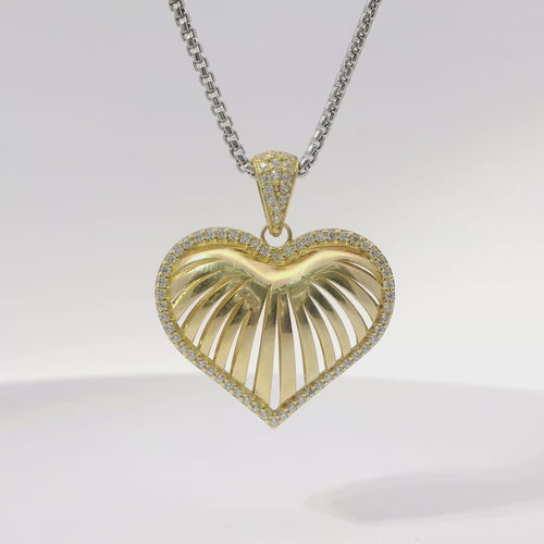 14KT Gold Charm Large 3D Stripe Cutout Heart with Flat Back White CZ Stones Border and Bell