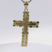14KT Gold Charm Large Nugget Cross with Engravable Center and Plain Bell