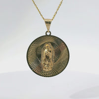 14KT Gold Charm Large Round Tri Tone Graphic Line Background Virgin Mary Coin with White CZ Stone Edge and Plain Bell