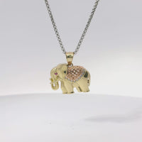 14KT Gold Charm Small Tri Tone Elephant with Pink Eye and Rose Gold Pointed Blanket Plain Bell