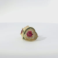 14KT Gold Earring Small Red Heart Center CZ Stone with White CZ Stones Border, Plain Platform Border with Push Back Post and Butterfly Backs