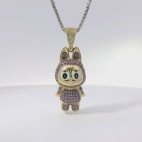 14KT Gold Charm Medium 3D Purple CZ Stones LaBuBu Body, White Enamel Eyes, and White CZ Stones Bell