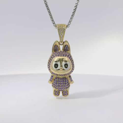 14KT Gold Charm Medium 3D Purple CZ Stones LaBuBu Body, White Enamel Eyes, and White CZ Stones Bell