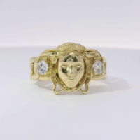 14KT Gold Ring Men's Medusa Head Shape with White CZ Stones Left/Right of Medusa Head Miami Link Band