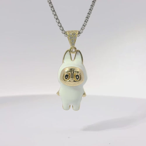 14KT Gold Charm Medium 3D White Enamel LaBuBu Body and White CZ Stones Bell
