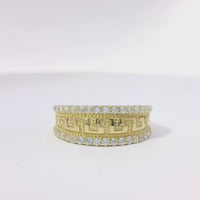 14KT Gold Ring Women's Mini Greek Center with White CZ Stones Top and Lower Borders Band