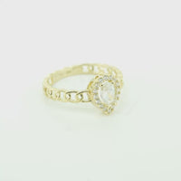 14KT Gold Ring Women's Pear White Center Stone with White CZ Stone Border Chino Band