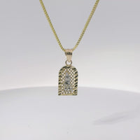 14KT Gold Charm Extra Small Two Tone St Lazarus Diamond Cut Lattice Square Archway and Plain Bell