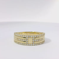 14KT Gold Women's Ring Plain Rectangle Center White CZ Stone Border with White CZ Stone Belt White CZ Stones Upper/Lower Border of Band