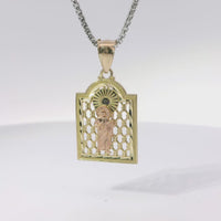 14KT Gold Charm Medium Two Tone St Jude Lattice Square Archway with Plain Bell