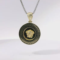 14KT Gold Charm Medium Round Medusa Coin with Black Enamel Rope Border and Greek Bell