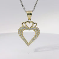 14KT Gold Charm Medium Open White CZ Stones Heart with Three Plain Hearts on Top and Plain Bell