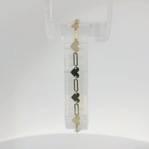 14KT Gold Bracelet Alternating Horizontal Plain Heart/ Open Oval Link with White CZ Stone End Lobster Clasp