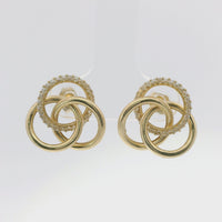 14KT Gold Earrings Small Borromean / Triskelion Triple Interlocking White CZ Stones Rings with Push Back Post and Butterfly Backs