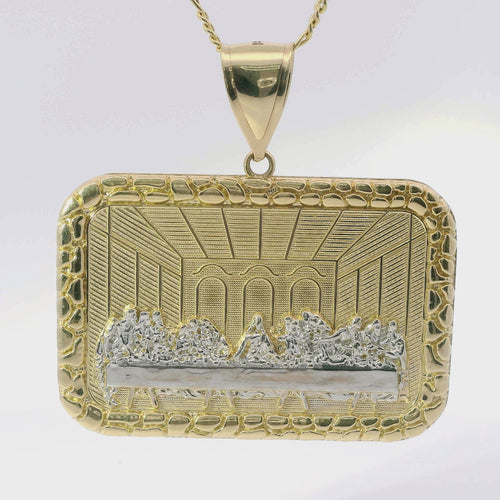 14KT Gold Charm 2XL Rectangle Two Tone Last Supper with Nugget Frame and Plain Bell