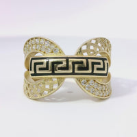 14KT Gold Ring Women's Double Lattice White CZ Stones Lasso with Greek Bar Connector